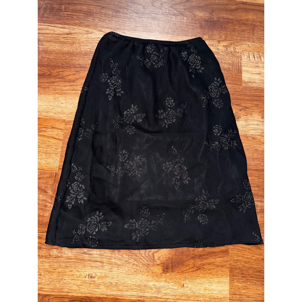 Lavender Vintage Black Floral Midi Skirt Elastic Waist Shimmer Rose Pattern